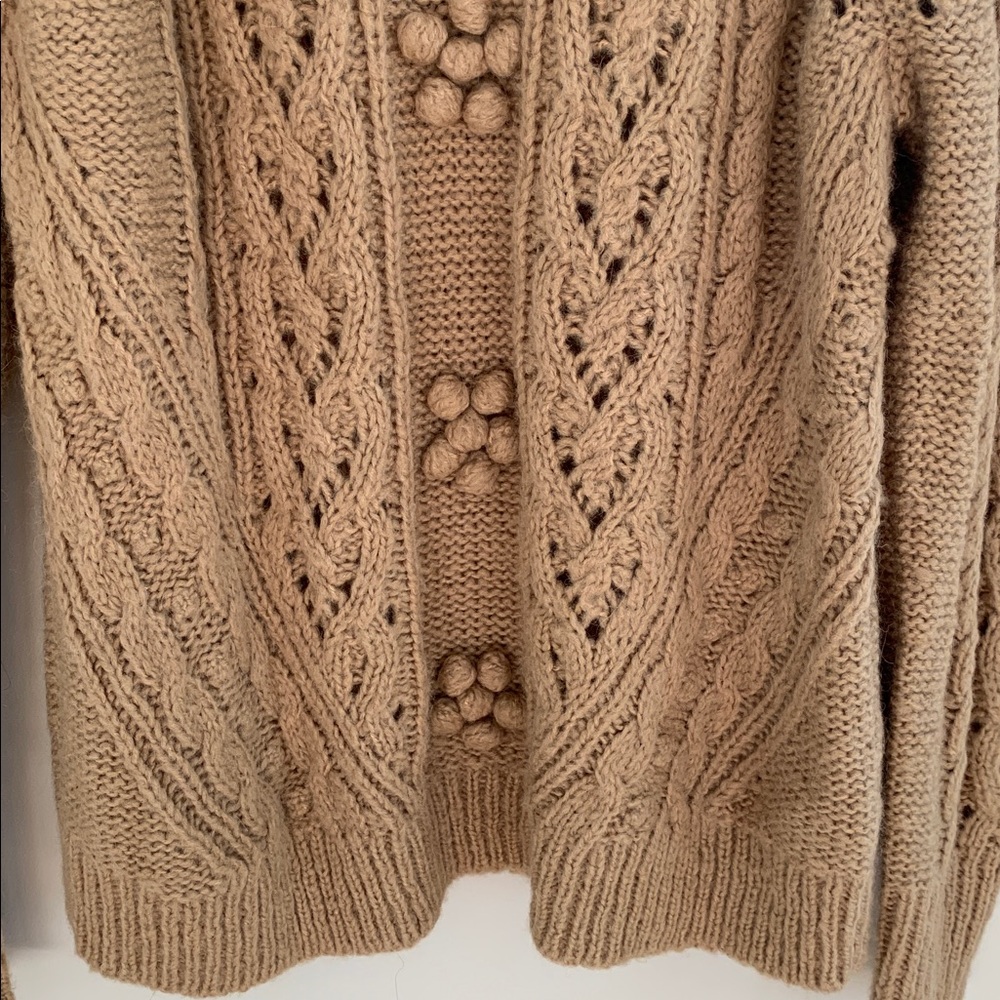 J. Crew Cable Knit Pointelle Sweater With Popcorn Flowers Large Tan Fisherman - Picture 4 of 11